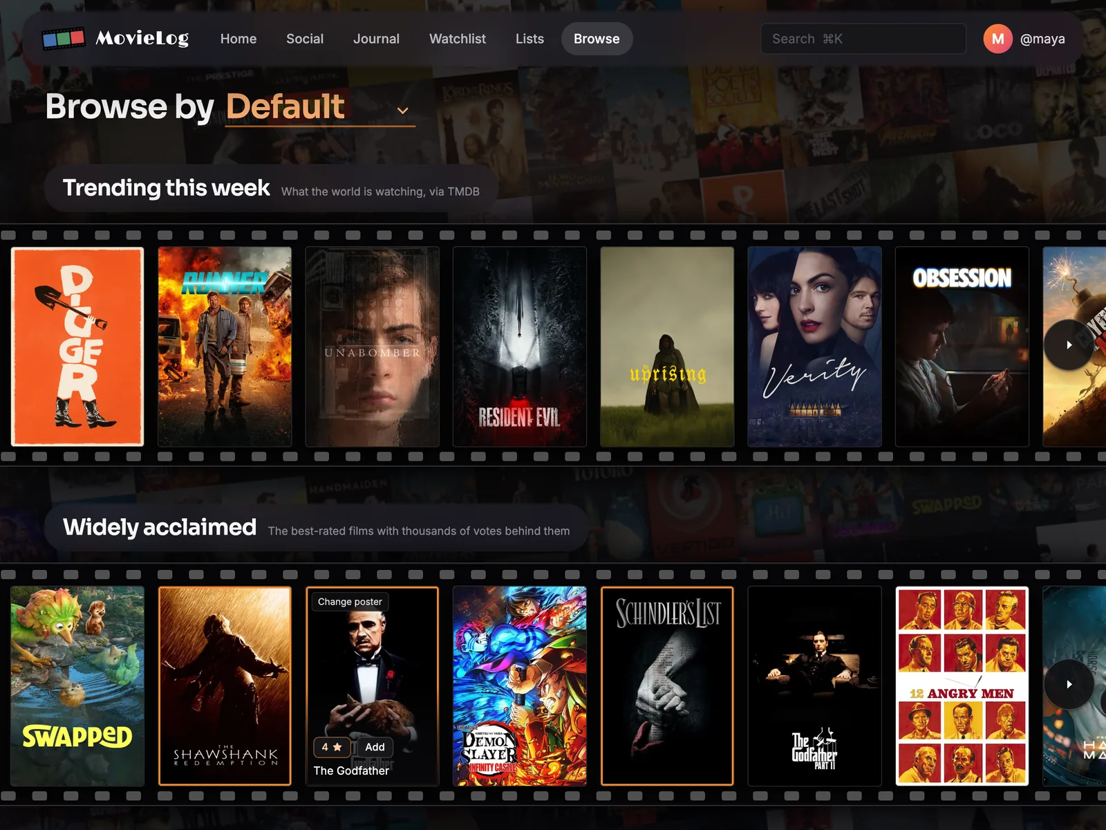 The Browse page: movie strips, rows of film posters scrolling sideways on strips of film, with your own ratings on films you have seen