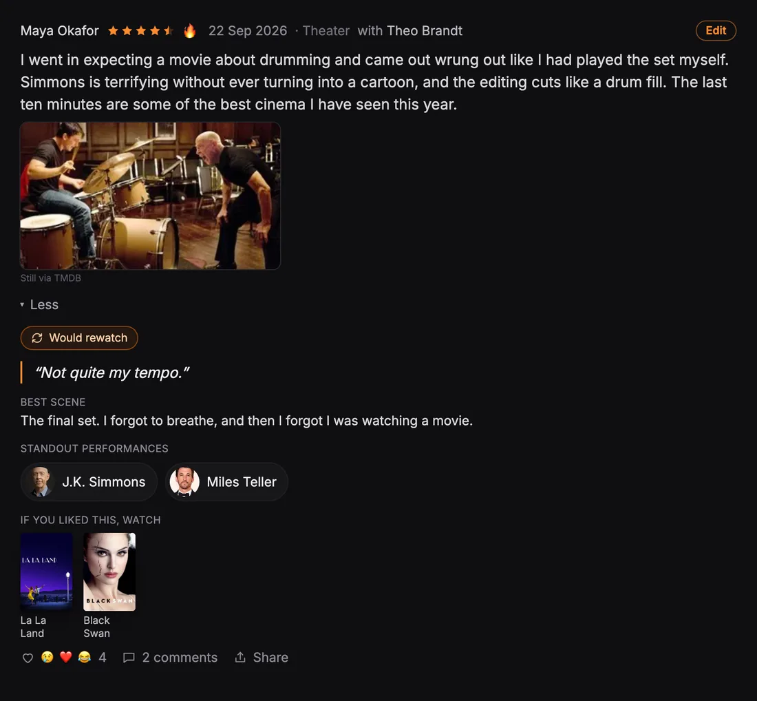 A review on a film page opened up: rewatch verdict, favourite quote, best scene, standout performers and recommended films