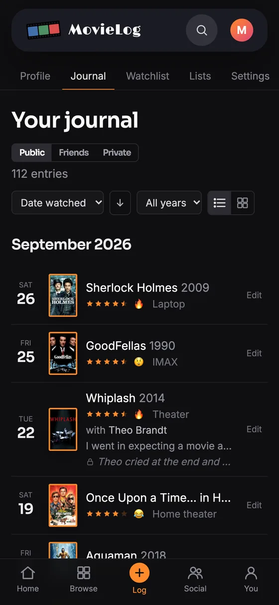 A journal on a phone: entries by date with posters, star ratings, reactions and where each film was watched