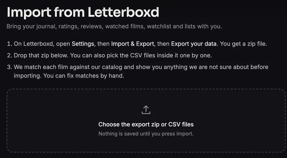 The import page: three steps and a place to drop the Letterboxd export