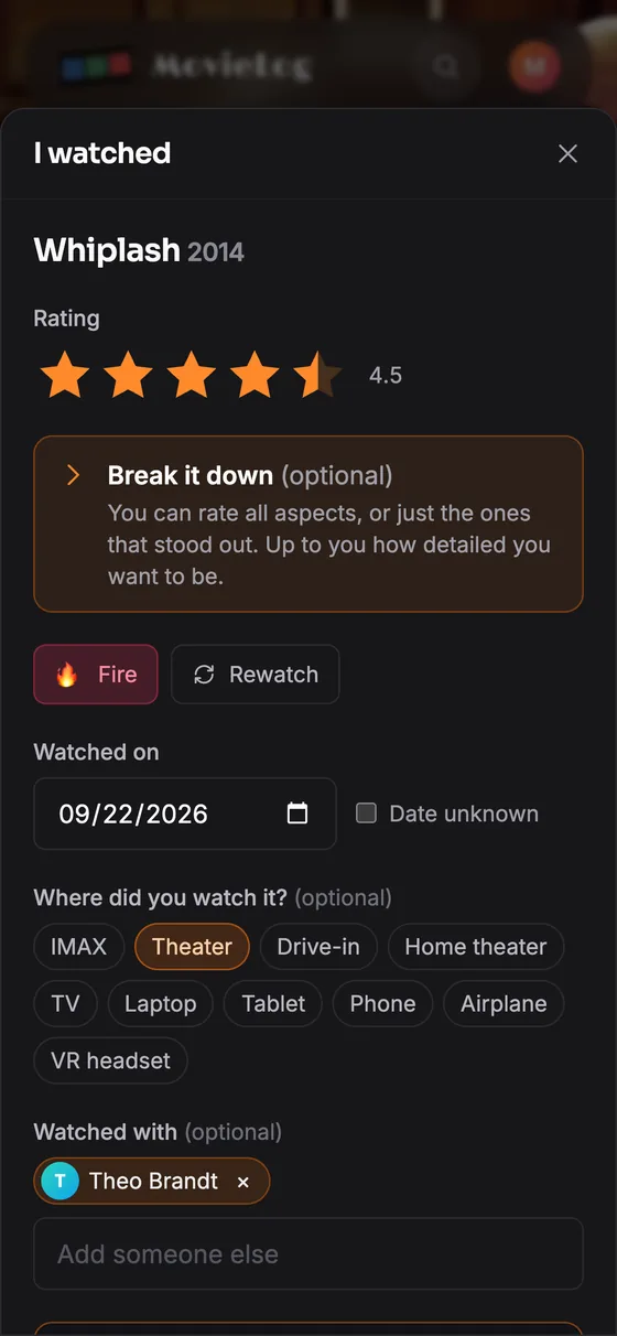 The log sheet on a phone: a star rating, a reaction, the date, where it was watched and who with