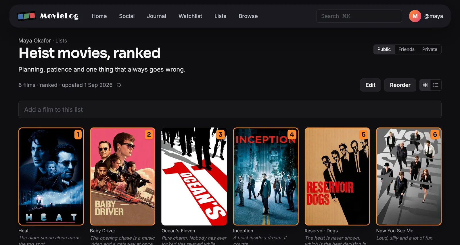 A ranked list of heist movies with numbered posters and a short note under each film
