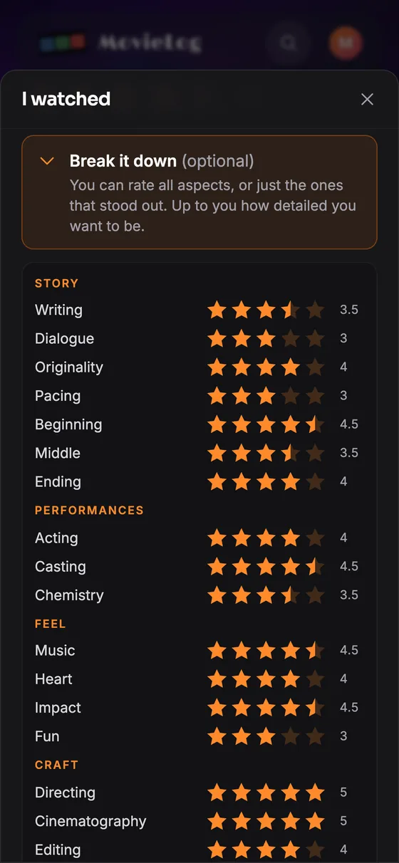 Rating the aspects of a film on a phone, grouped as story, performances, feel and craft