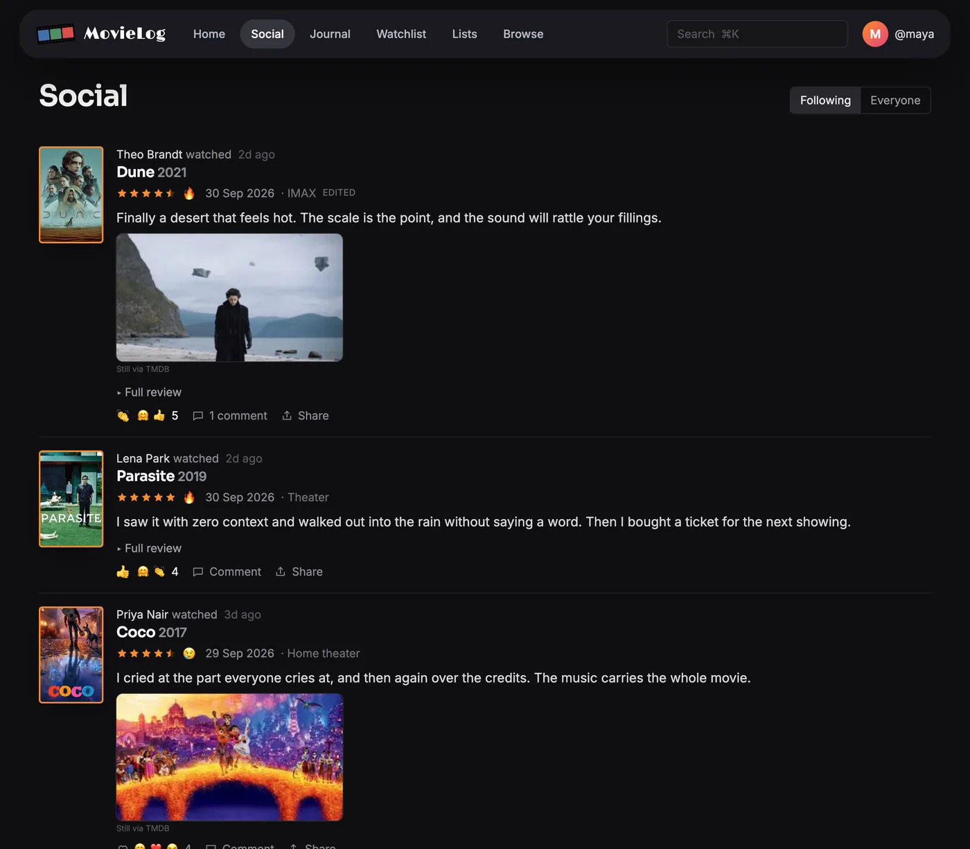 The activity feed: reviews and logs from people you follow, with photos, reactions and comments